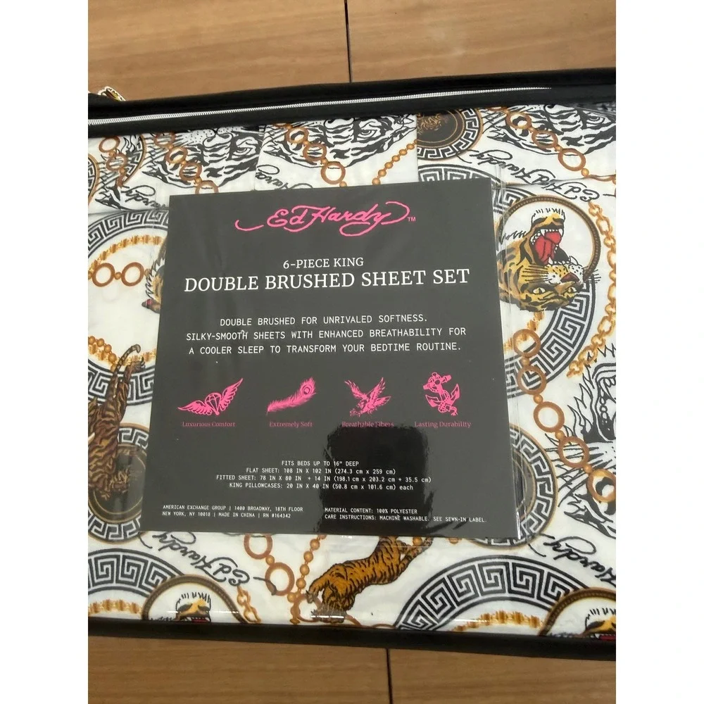 Ed Hardy King 6-Piece Double Brushed Sheet Set Tiger Chain Print White NEW